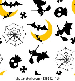 Halloween seamless pattern with various Halloween related symbols like bats, witches, skulls