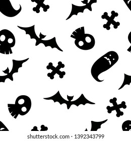 Halloween seamless pattern with various Halloween related symbols like bats, witches, skulls
