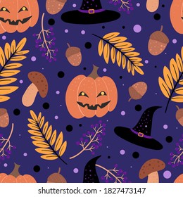 Halloween seamless pattern vector. Background design with pumpkins, witch hat, autumn leaves. Illustration in cartoon style for textile, wrapping, wallpaper.