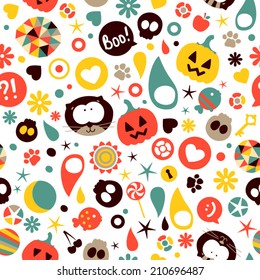Halloween seamless pattern. Vector background with funny black cats and pumpkins. Kids party wallpaper.