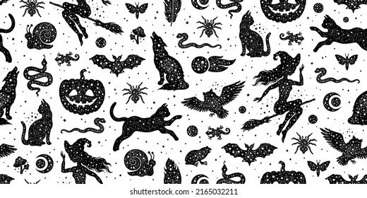 Halloween seamless pattern. Vector background with pumpkin cat witch bat spider. Cute autumn design. Black spooky wallpaper illustration. Scary holiday horror sketch art. Magic halloween pattern print