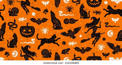 Halloween seamless pattern  Vector background and pumpkin cat witch bat spider  Cute autumn design  Black spooky wallpaper illustration  Scary holiday horror sketch art  Magic halloween pattern print