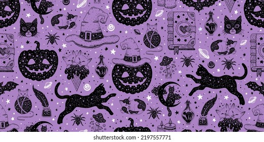 Halloween Seamless Pattern. Vector Background With Pumpkin Cat Witch Hat Potion. Cute Esoteric Design. Black Spooky Wallpaper Illustration. Cat Horror Sketch Art. Magic Psychedelic Halloween Pattern