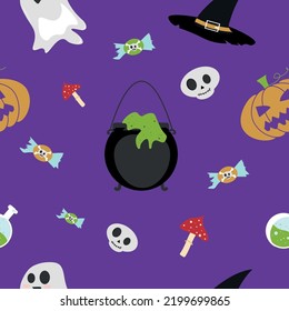 Halloween seamless pattern. Vector background with pumpkin, gnome and bats, witch hat. Cute autumn design. Black spooky wallpaper illustrations. Scary holiday horror sketch. Magic print for halloween