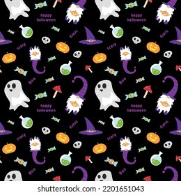 Halloween seamless pattern. Vector background with pumpkin, gnome and bats, witch hat. Cute autumn design. Black spooky wallpaper illustrations. Scary holiday horror sketch. Magic print for halloween