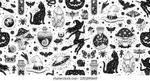 Halloween seamless pattern. Vector background with pumpkin cat witch hat potion. Cute autumn design. Black spooky wallpaper illustration. Scary holiday horror sketch art. Magic halloween pattern print