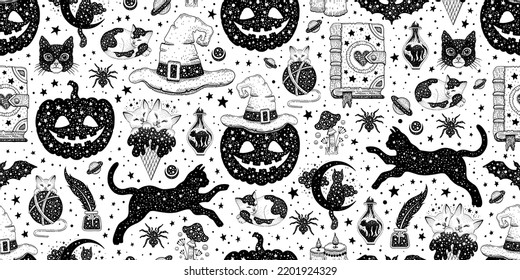 Halloween seamless pattern. Vector background with pumpkin cat witch hat potion. Cute esoteric design. Black spooky wallpaper illustration. Cat horror sketch art. Magic psychedelic halloween pattern