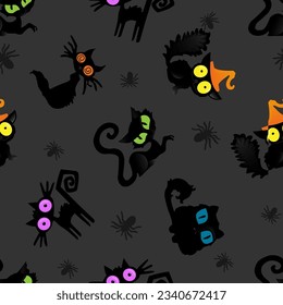 Halloween seamless pattern. Vector background with cats. Nice design. Black spooky wallpaper illustrations. Scary holiday horror sketch. Magic print for halloween