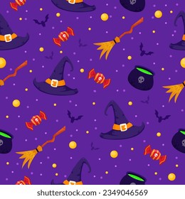 Halloween seamless pattern. Vector background with witch hat broom candy bat. wallpaper illustration. Scary holiday horror.halloween pattern print