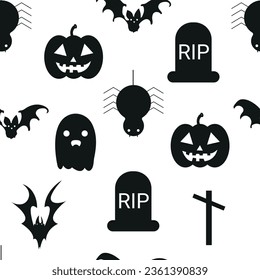  Patrón sin fisuras de Halloween. Fondo vectorial con siluetas de araña, fantasma, calabaza, tumba y murciélago. Diseño de otoño. Papel pintado negro espeluznante. Esbozo de horror de las festividades. Impresión mágica para Halloween