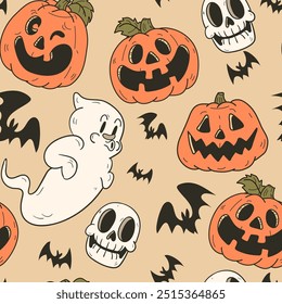 Halloween seamless pattern. Vector background with pumpkin, bat, ghost and skull. Cute autumn design. Black spooky wallpaper illustration. Scary holiday horror sketch art.