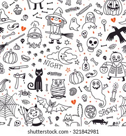 Halloween seamless pattern. Vector Background. Pumpkin, Ghosts,  Cats, Skulls, Bats and other symbols.