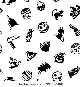 Halloween seamless pattern. Vector background with zombie, tomb, vampire, monster, alien, castle, pumpkin, bat, candle, witch hat, skull, spider, moon, mummy, ghost in cartoon black and white style