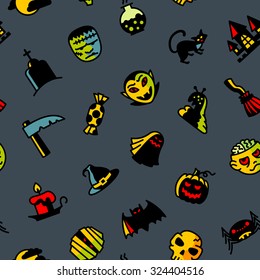Halloween seamless pattern. Vector background with zombie, tomb, vampire, monster, alien, castle, pumpkin, bat, candle, witch hat, skull, spider, moon, mummy, ghost in cartoon colorful style