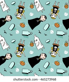 Halloween seamless pattern. Vector background with children in costumes. Illustration with vampire, ghost and skeleton.