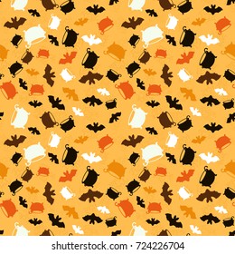 Halloween seamless pattern. Vector background wallpaper with bat and witch cauldron. Patterned paper for scrapbook Halloween albums.