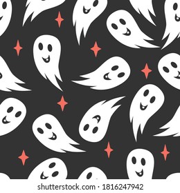 Halloween seamless pattern. Vector boo ghost background. Phantom in night.