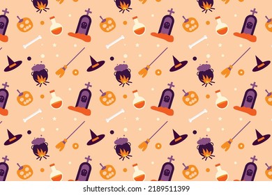 Halloween seamless pattern vector with broomsticks, poisons, and tombstones, Halloween minimal pattern decoration on an off-white background. Scary pattern element design for wallpapers and bed sheets