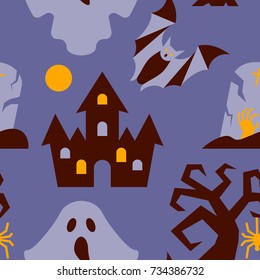 Halloween seamless pattern. Vector castle, tree, bat, ghost illustration.  Scary night party background. Season celebration symbol. Print, wrapping, package, textile, card, banner, flyer, tag design