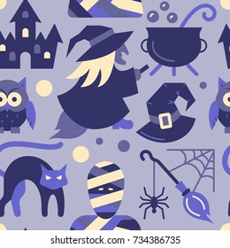 Halloween seamless pattern. Vector castle, tree, bat, ghost illustration.  Scary night party background. Season celebration symbol. Print, wrapping, package, textile, card, banner, flyer, tag design