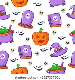 Halloween seamless pattern with vector cute cartoon design style suitable for background, textile fabric design, wrapping paper, and wallpaper