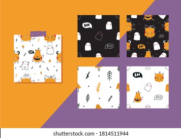 Halloween seamless pattern vector decoration set. Cute cartoon pumpkin monsters and ghosts. Flat lay Happy Halloween concept.