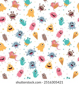 Halloween seamless pattern vector design. Halloween monsters characters creature in seamless endless pattern for wallpaper background. Vector illustration gift wrapper design. 
