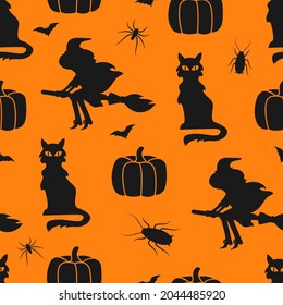 Halloween seamless pattern. Vector pattern of different festive elements: pumpkin, witch, black cat, etc.