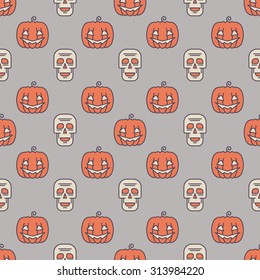 Halloween seamless pattern - vector flat cartoon halloween texture made with pumpkin and skulls