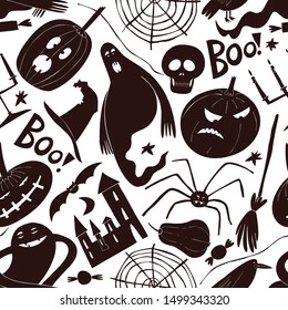 Halloween seamless pattern. Vector hand drawn illustrations. Design with halloween symbols.