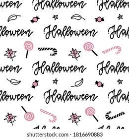 Halloween seamless pattern. Vector hand drawn illustration with lettering word and sweets Linear art.