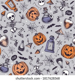 Halloween seamless pattern. Vector Hand Drawn. Skeleton, pumpkin, candle, bones, spider web, mushrooms, potion, poison, bats. Line art. Sketch Illustration.