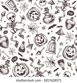 Halloween seamless pattern. Vector Hand Drawn. Skeleton, pumpkin, candle, bones, spider web, mushrooms, potion, poison, bats. Line art. Sketch Illustration.