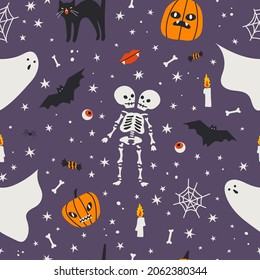 Halloween seamless pattern. Vector hand drawn illustration in cartoon flat style.