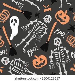 Halloween seamless pattern. Vector Hand Drawn. Skeleton, pumpkin,  bones, spider web, mushrooms, potion, poison, bats. Line art. Sketch Illustration.