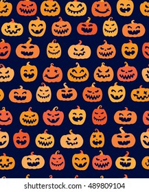 Halloween seamless pattern. Vector hand drawn texture with pumpkins, 