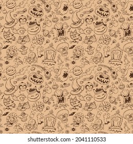 Halloween seamless pattern, vector halloween holiday background, hand drawn line graphic illustration, sketch style