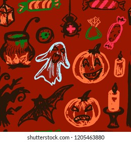 Halloween. Seamless Pattern. Vector illustration. Collection of festive elements. Autumn holidays. Pumpkin, ghost, spider, candy, eye, cauldron, wood, bat, candle