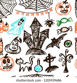 Halloween. Seamless Pattern. Vector illustration. Collection of festive elements. Autumn holidays. Pumpkin, cobweb, flags, candle, ghost, sinister castle, eye, potion, tree, candy