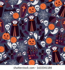 Halloween seamless pattern, vector illustration. Wrapping paper print design with traditional symbols of halloween vampire Dracula, skull, spider web, pumpkin and ghost. Flat style spooky night icons