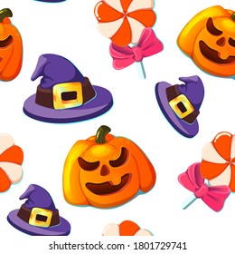 Halloween seamless pattern vector illustration isolated on white background, hat, candy, pumpkin