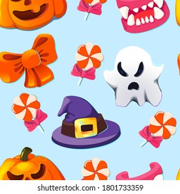 Halloween seamless pattern vector illustration isolated on blue background, hat, candy, pumpkin, jaws, bow