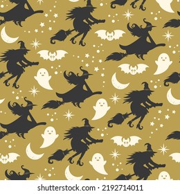 Halloween seamless pattern. Vector illustration of Halloween party. Witch, ghost and bat on a mustard-colored background. Pattern for print, textile, card, invitation, fabric, wallpaper.