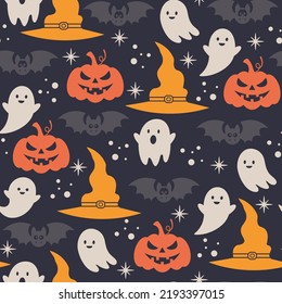 Halloween seamless pattern. Vector illustration of Halloween party. Ghost, pumpkin and bat on a dark background. Pattern for print, textile, card, invitation, fabric, wallpaper.