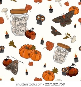 Halloween seamless pattern. Vector illustration of skulls in a jar, pumpkins, candles, autumn leaves, mushrooms, moths in hand drawn style. For printing packaging, cards, designers, clothes, interior