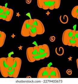 Halloween seamless pattern. Vector illustration of Halloween party. Pumpkin on a dark background. Vector cartoon seamless pattern. Holiday backdrop for wrapping paper, fabric, textile, scrapbook.