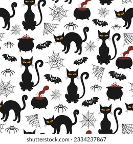 Halloween-nahtloses Muster. Vektorgrafik der Halloween-Party. Schwarze Katze, Fledermaus, Spinnennetze und Potion Kessel auf weißem Hintergrund. Vektorgrafik nahtloses Muster.