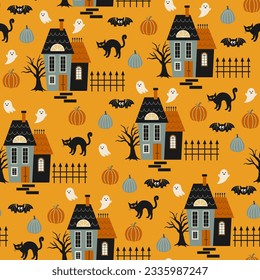 Halloween seamless pattern. Vector illustration of Halloween party. Ghosts, black cat, houses and pumpkins on a yellow background. Vector cartoon seamless pattern.