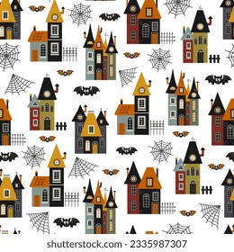 Halloween seamless pattern. Vector illustration of Halloween party. Houses, spider web and bats on a white background. Vector cartoon seamless pattern.