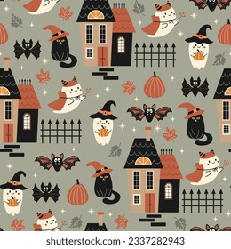 Halloween seamless pattern. Vector illustration of Halloween party. Black cat, bat, ghosts, houses and pumpkins on a gray background. Vector cartoon seamless pattern.